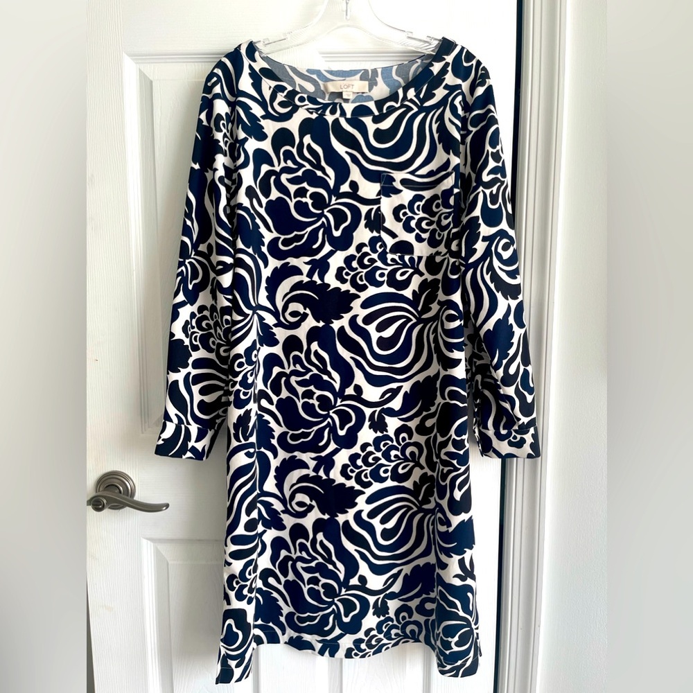 LOFT Navy and Black Floral Knee-length Dress, L